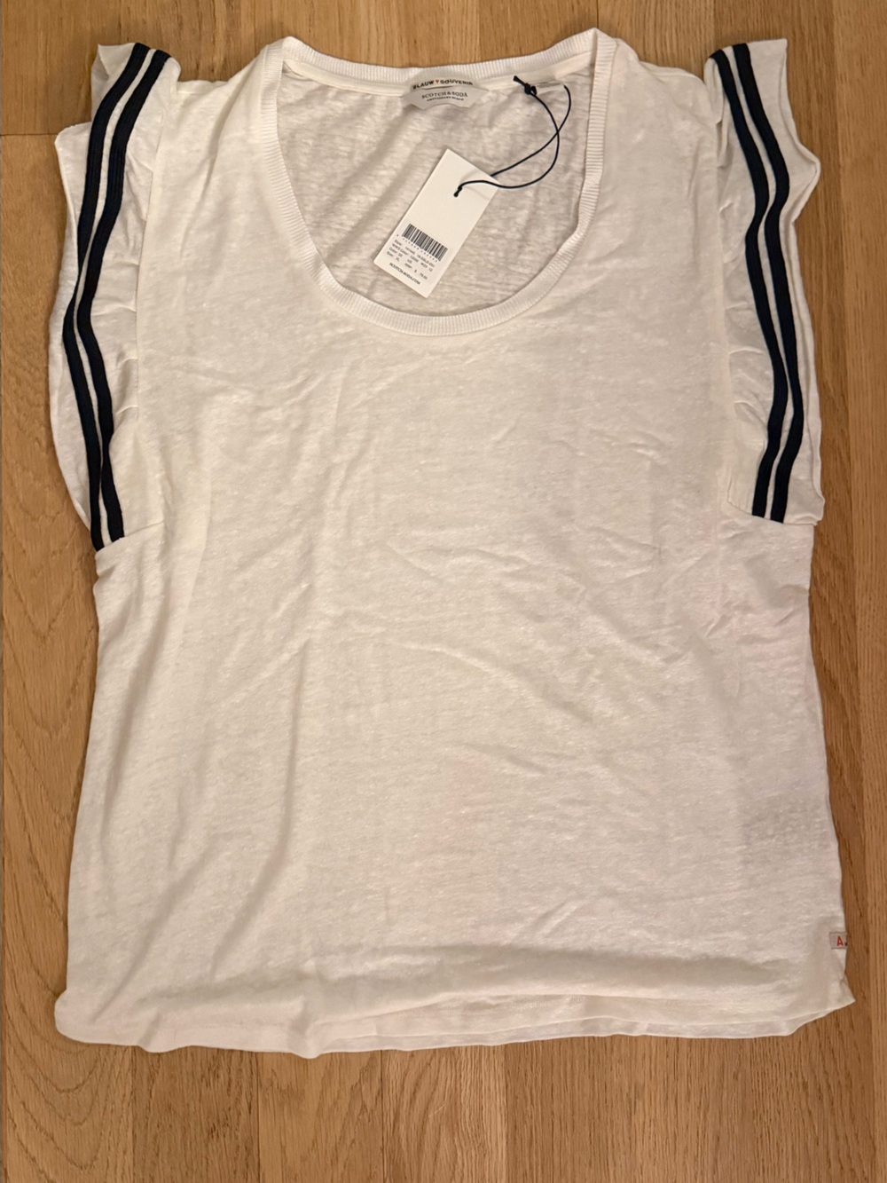 Scotch and Soda Linen slub Ruffle Sleeve Stripe Trim Women's Tank Top - White